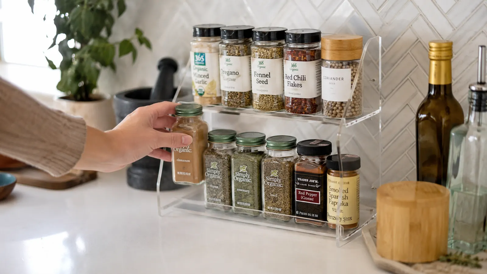 Clear acrylic spice organizer sitting on a white kitchen countertop with various spice bottles arranged in its slots