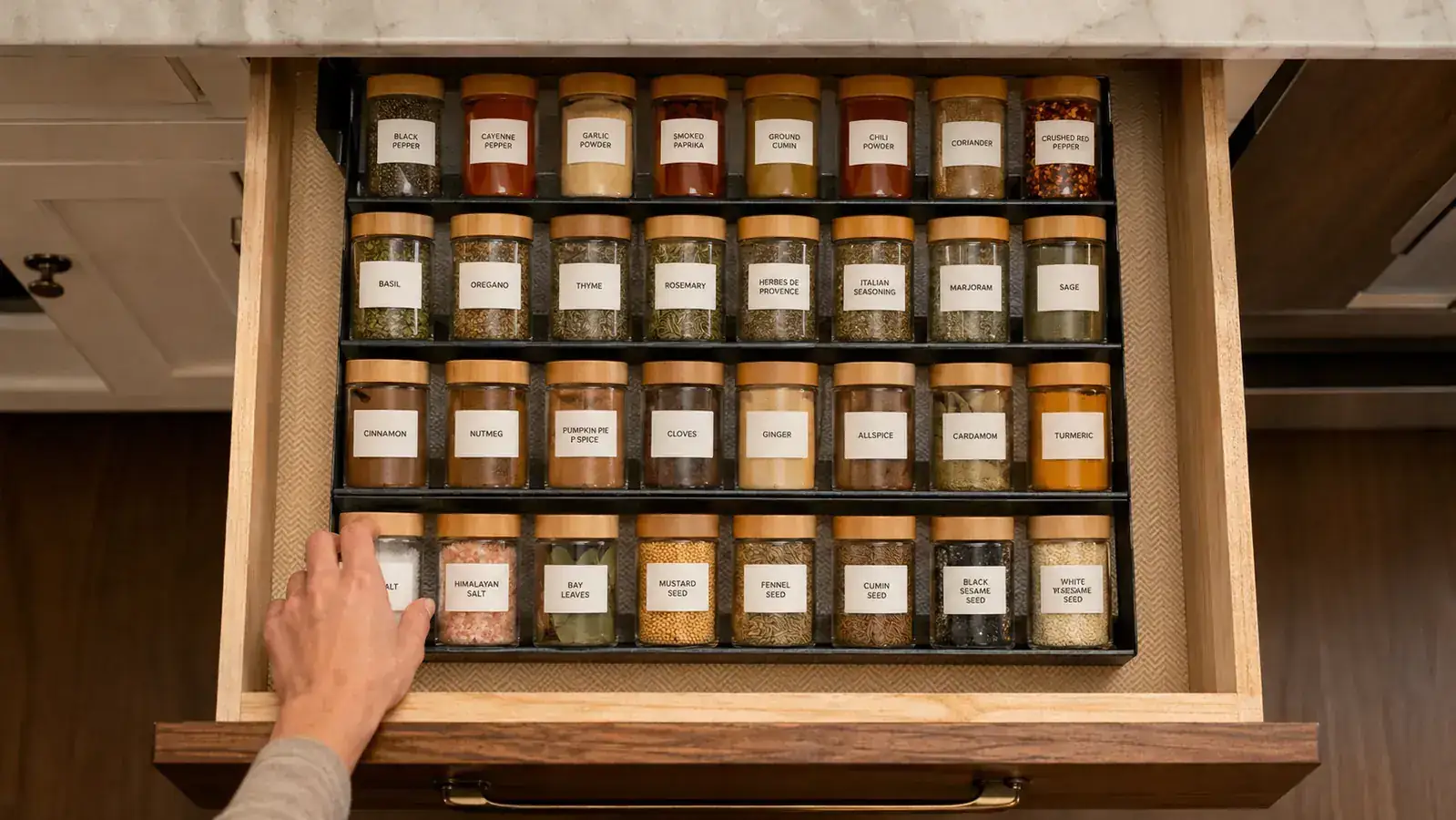 Overhead view of an open kitchen drawer showing all spice jars labeled and visible in a steel tiered rack