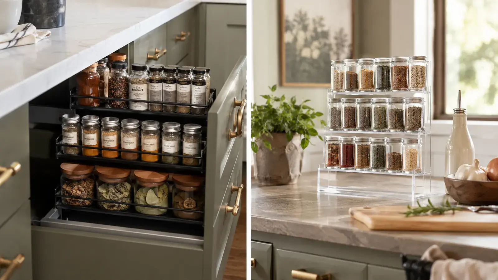 An organized kitchen drawer showing tiered steel spice organizer alongside a countertop with an acrylic spice rack