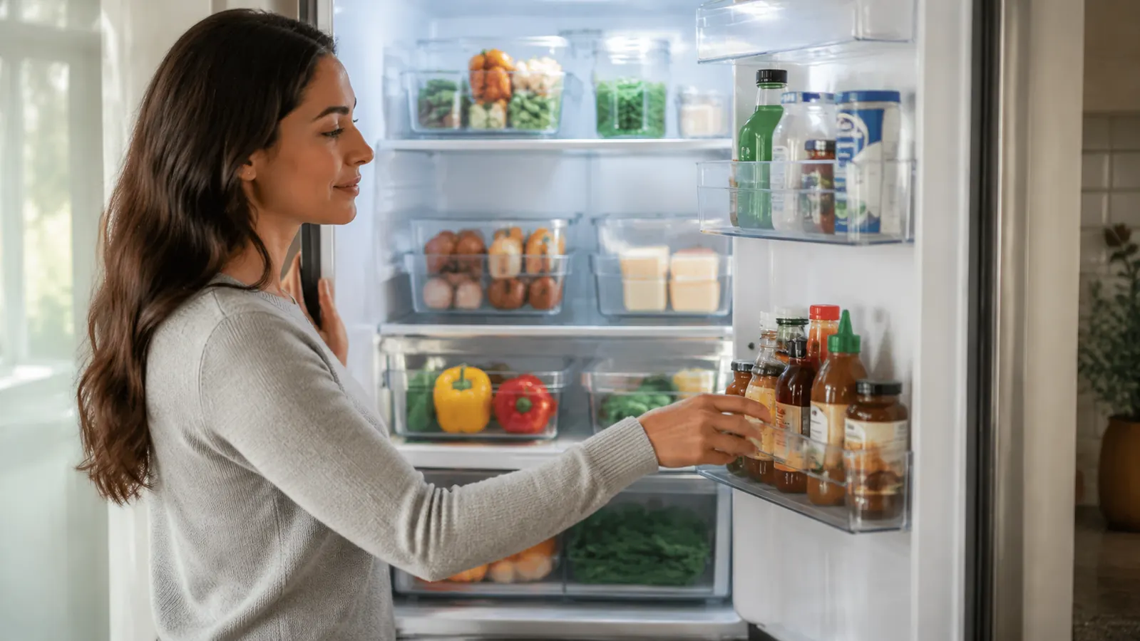 A fully organized refrigerator interior with clear bins grouped by food category and visible labels on each bin