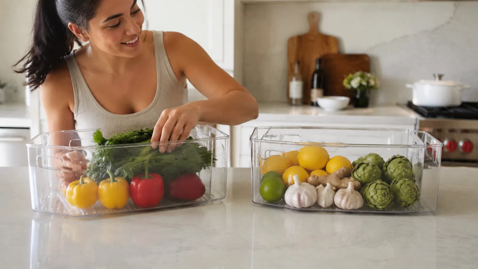 Two sets of clear fridge organizer bins arranged side by side on a kitchen counter