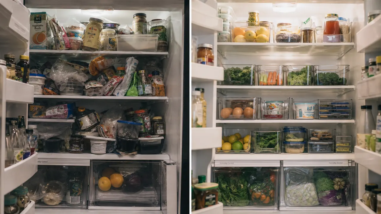 Cluttered refrigerator before organization next to same fridge with clear bins installed, side-by-side contrast